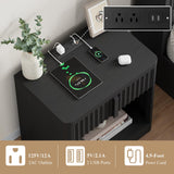 Harpaq Fluted Nightstand with Charging Station, 23.6" End Table with Solid Wood Handle, Curved Profile Design, Mid Century Moden Bedside Table for Bedroom, Black