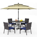 PHI VILLA 5pc Patio Dining Set with Umbrella, Round Table, Rattan Chairs
