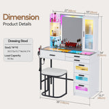 MDGC Makeup Vanity Desk with Mirror and RGB Lights,Glass Top Vanity Table with Wireless Charging & Stool,Vanity Set with 6 Drawers & Storage Cabinet & Makeup Organizer，Bedroom（White）
