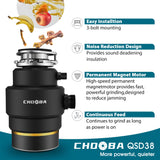 CHOOBA Garbage Disposal 3/4 HP, Food Waste Disposal Continuous Feed, Kitchen Garbage Disposal with Dishwasher Connection & Plug, Power Cord Included, Matte Black