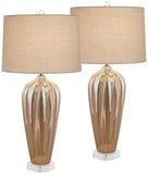 Possini Euro Design Loren 28 1/4" Tall Modern End Table Lamps Set of 2 Ivory Handcrafted Brown Ceramic Living Room Bedroom Bedside Nightstand House Office Home Reading Kitchen Entryway Console