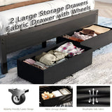 Furnulem Queen Bed Frame with Charging Station and LED Lights, Grey Upholstered Headboard with Shelves, Metal Platform Bed with 2 Under-Bed Storage (Fabric Drawer on Wheels), No Box Spring Needed