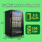 WANAI Beverage Refrigerator Cooler 3.5 Cu.Ft, 120 Can Mini Small Fridge with Glass Door LED Light and Adjustable Shelves for Soda Beer or Wine, Perfect for Home Bar Office, Black