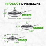 6-Piece Tri-Ply Stainless Steel Frying Pan Set – 8", 10", 12" Non-Stick Skillets with Lids NutriChef