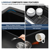 Lordear Granite Composite Kitchen Sink With Waterfall Faucet 33x22 Inch Drop In Kitchen Sinks Black Quartz Single Bowl Multifunctional Workstation Topmount Sink