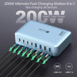 8-Port Multi Charging Stations 200W with Flat Plug, Braided Power Cord, and On/Off Switch- USB Charging Hub for iPhone, iPad, MacBook and More- 65W C Port Power Adapter for Laptops