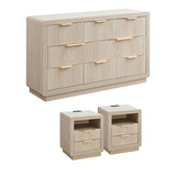 YANSNWO Modern Fluted Dresser and Nightstand Sets, Including 52" W 8 Drawer Dresser and Nightstands Set of 2 with Drawer & Charging Station, Bedroom Set for Home, White Alder
