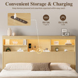 Uteeran Queen Size Bed Frame and Tall Headboard & Storage, Metal Platform Bed Frame with 4 Storage Drawers, Queen Bed Frame with LED Lights & Charging Ports, No Box Spring Needed, Noise-Free, Natural