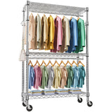 M MZG Heavy Duty Rolling Garment Rack 3 Tiers Adjustable Wire Shelving Clothes Rack with 2 Rods and Side Hooks, Storage Closet Clothing Rack with Wheels Chrome 17.7" D x 47.2" W x 83.6" H