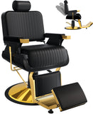 Felivine Reclining Barber Chair, Heavy Duty Hydraulic Barber Chair for Barbershop, Barber Salon Chairs with Vertical Stitch PU Leather, Adjustable Headrest & Footrest, 360° Swivel, Black and Gold