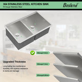 Beslend 30 Undermount Kitchen Sink - 30x19 Double Bowl Kitchen Sinks Workstation 16 Gauge Stainless Steel Sink Low Divide Double Basin 50/50
