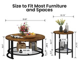 Recaceik Round Coffee Table and End Table Set of 3 with Storage, Modern Vintage Dark Brown Coffee Table and Side Table for Living Room, Office, Apartment, Small Space