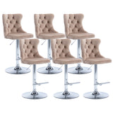 MOOLSUN Rotating Velvet Bar Stools Set of 6, Modern Padded with Nailhead Trim and Tufted Back, Adjustable Swivel Counter Height Stools for Kitchen Island, Bar,Khaki(Silver Base)