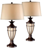 John Timberland Mission Cage Table Lamps 33" Tall Set of 2 with Nightlight Lantern Brushed Iron Brown Beige Fabric Shade for Living Room Bedroom House Bedside Nightstand Home Office Entryway