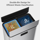 GarveeHome 14.8 gal Dual Compartment Step Trash Can, Stainless Steel Kitchen Bin with Butterfly Lid & Foot Pedal, 2x7.4 gal, Silver