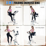 BARWING Exercise Bike Stationary Bikes for Home with APP，3 in 1 Folding Exercise Bikes for Seniors, Indoor Cycling Workout Bike 16-Level Adjustable Resistance,330LB Capacity,Comfortable Seat Backrest White