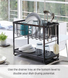 YAMAZAKI Home Tower Two-Tier Adjustable Dish Drainer Rack, Compact Drying Rack with Hooks, Utensils Holder - Steel -