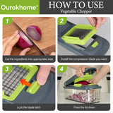 Ourokhome Veggie Chopper and Dicer with Container, Manual Hand Food Mandolin Slicer with 4 in 1 Handheld Vegetable Spiralizer (12 in 1, Gray)