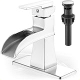 HOIGY Waterfall Chrome Bathroom Faucet, Brass 4 Inch Bathroom Faucets One Hole or 3 Hole, Single Handle with PP Drain, Deck Plate, Hot and Cold Supply Hoses for RV Lavatory Restroom, 5 Mins Install