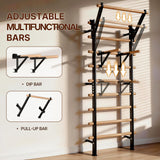 GMWD Swedish Ladder, Wood Stall Bar, Suspension Trainer with Pull-Up Bar and Dip Bar Attachments, Wooden Stall Bar with 9 Strategic Rods for Core Strengthening
