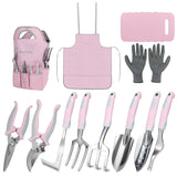 Pink Garden Tool Set 12 Pieces, iHansee Aluminum Gardening Hand Tools with Non-Slip Handle