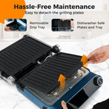 Happygrill 3 in 1 Panini Press Electric Indoor Grill & Sandwich Maker,1200W Open Flat Griddle w/ 2 Removable Non-Stick Dishwasher-Safe Plates,LED Display,7 Modes,Independent Temp Control & Drip Tray