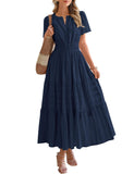 BTFBM Womens Summer 2026 Casual Midi Maxi Dresses Lightweight Short Sleeve V Neck Elastic Waist Boho Beach Dress Pockets(Navy, Medium)