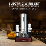 Febote Electric Wine Opener Set for Home Bar Party - 5-in-1 Automatic Rechargeable Corkscrew with Charging Base, Foil Cutter, Vacuum Stoppers, Aerator, Accessories Premium Mahogany Base - Brown