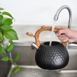 GGC Tea Kettle for Stove Top, Loud Whistling Kettle for Boiling Water Coffee or Milk, 3.1 Quart 3L Heavy Stainless Steel Black Kettle with Wood Pattern Handle, Unique Button Control Kettle Outlet