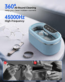 onlikin 45KHz Ultrasonic Jewelry Cleaner, 5 Timer & 3 Power Modes, 35W Retainer Cleaner for Jewelry, Eyeglasses, Rings, Watch Strap, Dentures - Quiet <38dB, 20oz, 304 Stainless Steel Tank(Blue)