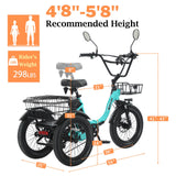 NARRAK Electric Tricycle for Adults,Fat Tire Folding Electric Trike,3 Wheels Electric Bicycle Bikes, Peak 700W/1100W Step-Thru Etrike with Removable Battery and Large Basket