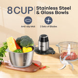 GANIZA Food Processors, Electric Food Chopper with Meat Grinder & Vegetable Chopper - 2 Bowls (8 Cup+8 Cup) with Powerful 450W Copper Motor - Includes 2 Sets of Bi-Level Blades (Silver)