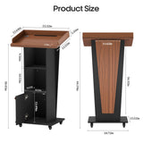 Baoz 15° Tilted Podium Stand with Storage & Lockable Wheels, Wooden Lectern with Adjustable Shelf,