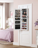 SONGMICS Jewelry Cabinet Armoire, Lockable Wall-Mounted Organizer Unit with 2 Plastic Cosmetic Storage Trays, Full-Length Frameless Mirror, White UJJC001W01