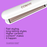 Conair Double Ceramic Flat Iron, 1-Inch Flat Iron Hair Straightener with Claw Clip, 5 Heat Settings, Extra-Long Floating Plates, White