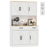 Vongrasig Kitchen Pantry with Charging Station, Tall Farmhouse Pantry Cabinet with Microwave Stand, Storage Drawers & Shelves, Large Kitchen Hutch for Living Room, Dining Room, White