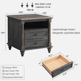 T4TREAM 24'' Farmhouse End Table w/4 Solid Wood Feet Set of 2, Large 2 Drawers Sofa Side Table with Charging Station, Rustic Wood Square Nightstand for Living Room, Bedroom, Office, Dark Rustic Oak