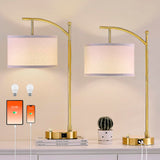 Hikczc Table Lamp for Living Room Bedroom, 23.5" Table Lamps Set of 2 with USB C+A Ports, Bedside Lamps for Nightstand with Linen Lamp Shades, 2 Dimmable LED Bulbs Included, Gold