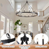 16-Lights Wagon Wheel Chandelier 47 Inch Black Chandelier Light Fixture Farmhouse Chandeliers for Living Room Foyer Chandeliers for High Ceilings Round Pendant Light for Dining Room Entryway