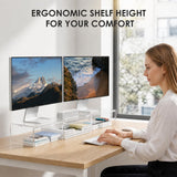 OPNICE Clear Acrylic Desk Organizers and Accessories, Dual Monitor Stand Riser with Drawer and 2 Pen Holders, Desk Shelf Printer Stand for Office Workspace Organizers, Desktop Organization (Transparent)