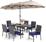 PHI VILLA 7pc Patio Dining Set with Beige Umbrella, 6 Rattan Chairs