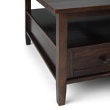 SIMPLIHOME Warm Shaker Square Coffee Table - 36 inch Wide Solid Wood Cocktail Table in Tobacco Brown, Transitional Living Room Table with Large Storage Drawer and Open Shelf for Sitting Area