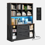 ADORNEVE Tall Farmhouse Bookshelf with Storage Drawers,Black & Walnut