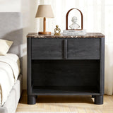 Nightstand Set of 2, 27" Wide Faux Marble & Wood Bedside Tables with Drawer and Open Shelf, Modern Curved End Tables with Rounded Body and Cylindrical Legs for Bedroom,Black Grey