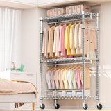 M MZG Heavy Duty Rolling Garment Rack 3 Tiers Adjustable Wire Shelving Clothes Rack with 2 Rods and Side Hooks, Storage Closet Clothing Rack with Wheels Chrome 17.7" D x 47.2" W x 83.6" H