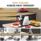 AAOBOSI Meat Grinder, 3-In-1 Meat Grinder Electric [2800W Max] with 2 Blades,3 Plates,Sausage Stuffer,Kubbe Kit for Home Kitchen Use, Stainless Steel