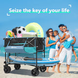 400L Large Capacity Folding Double Decker Wagon with Brakes, 50" Extra Long Extender Cart, 500lbs Heavy Duty Collapsible Wagons. Blue