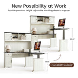 L Shaped Executive Standing Desk with Hutch and Storage Cabinet, Farmhouse Standing Desk with Charging Station