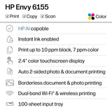 HP Envy 6155 Wireless All-in-One Color Inkjet Printer, Print, Scan, Copy, Duplex Printing Best-for-Home