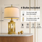 G-SAFAVA 24" Table Lamps for Living Room Bedroom Modern Gold Bedside Lamps Set of 2 Nightstand Lamps for Night Stands 3 Way Dimmable Touch Lamp with USB C+A Ports and 2 Light Sources, 4 Bulbs Includes